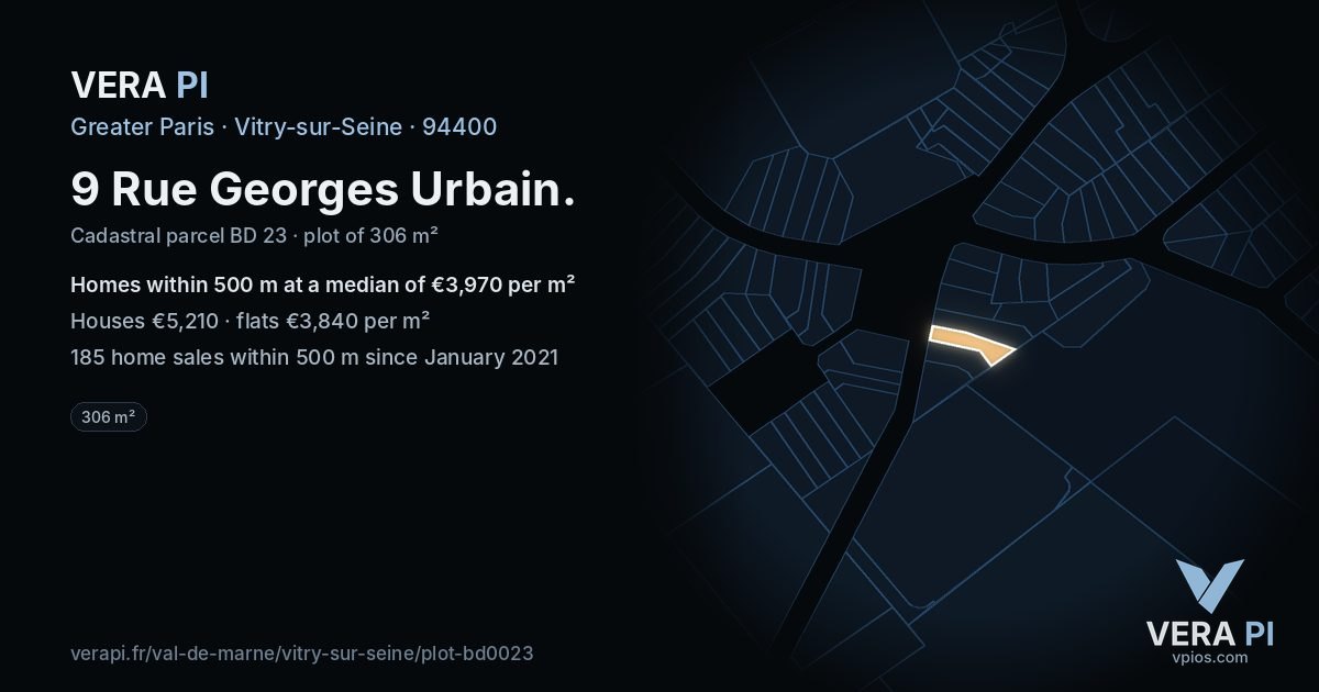 9 Rue Georges Urbain, Vitry-sur-Seine at night – the plot lit, the parcels around coloured by the prices near them