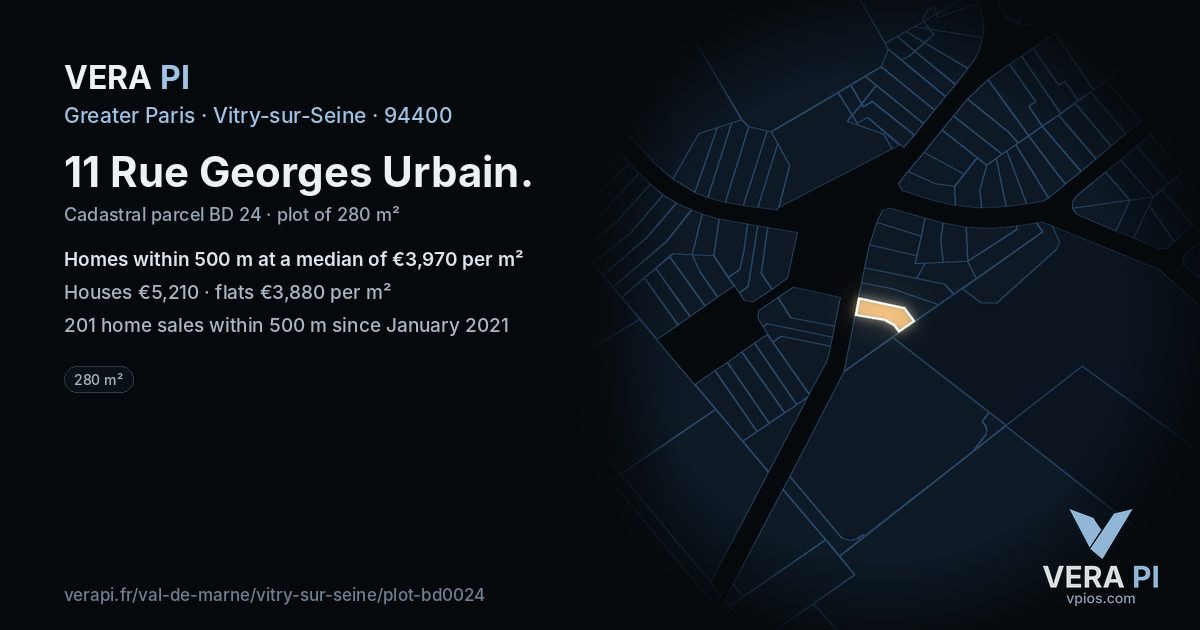 11 Rue Georges Urbain, Vitry-sur-Seine at night – the plot lit, the parcels around coloured by the prices near them