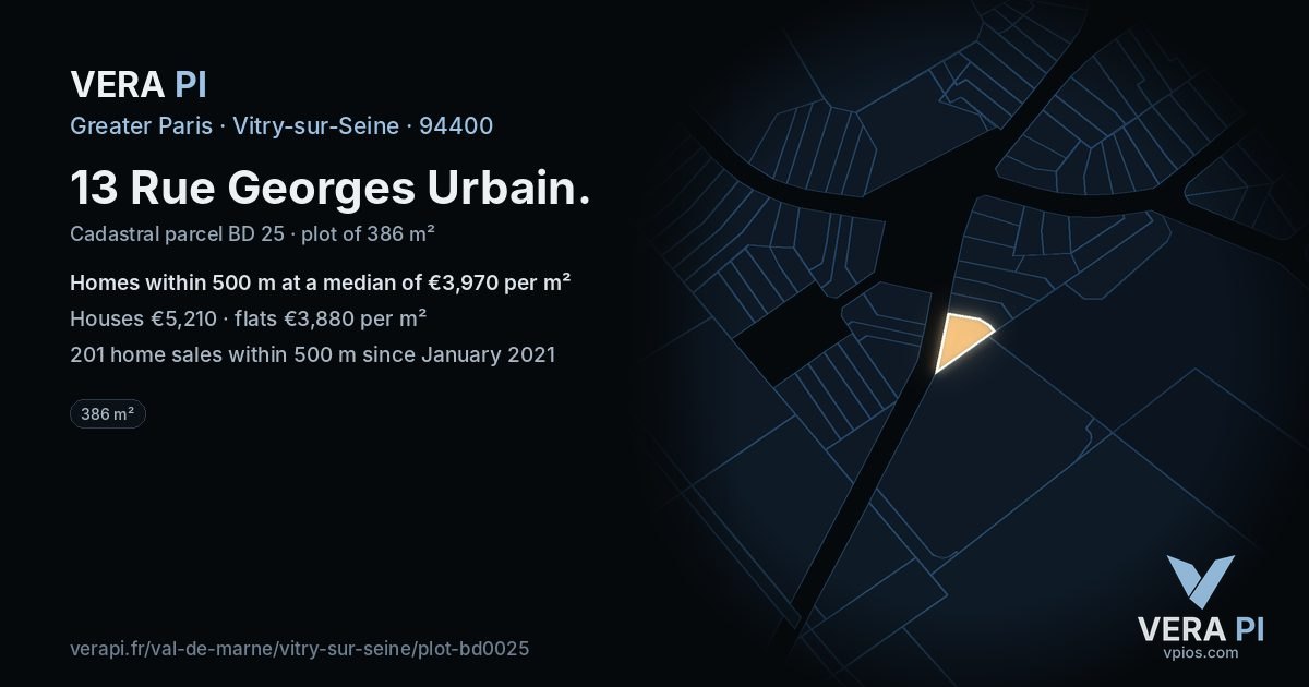 13 Rue Georges Urbain, Vitry-sur-Seine at night – the plot lit, the parcels around coloured by the prices near them