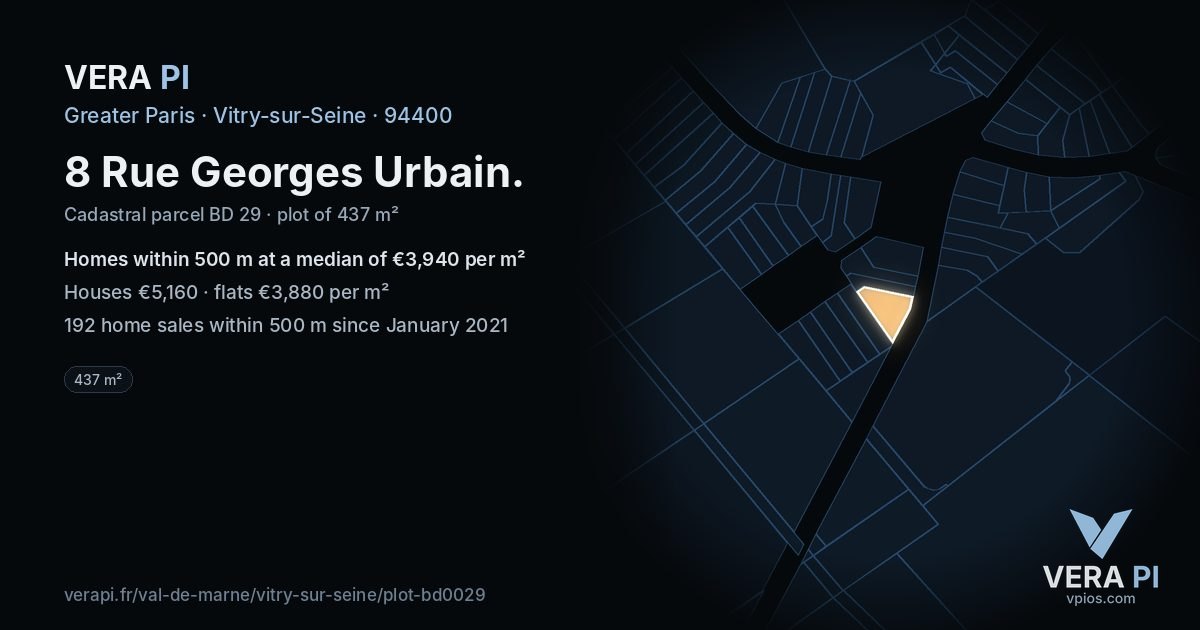 8 Rue Georges Urbain, Vitry-sur-Seine at night – the plot lit, the parcels around coloured by the prices near them