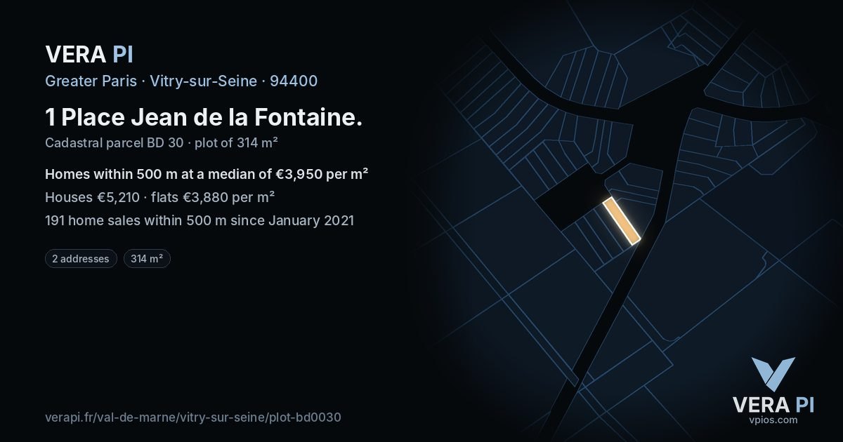 1 Place Jean de la Fontaine, Vitry-sur-Seine at night – the plot lit, the parcels around coloured by the prices near them