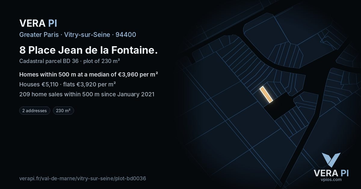 8 Place Jean de la Fontaine, Vitry-sur-Seine at night – the plot lit, the parcels around coloured by the prices near them