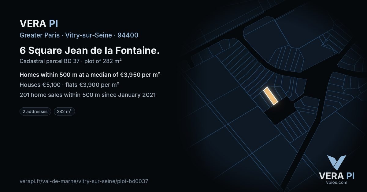 6 Square Jean de la Fontaine, Vitry-sur-Seine at night – the plot lit, the parcels around coloured by the prices near them