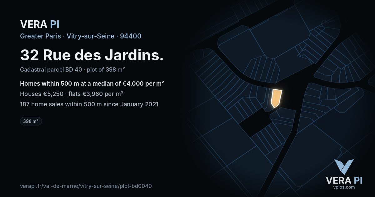 32 Rue des Jardins, Vitry-sur-Seine at night – the plot lit, the parcels around coloured by the prices near them