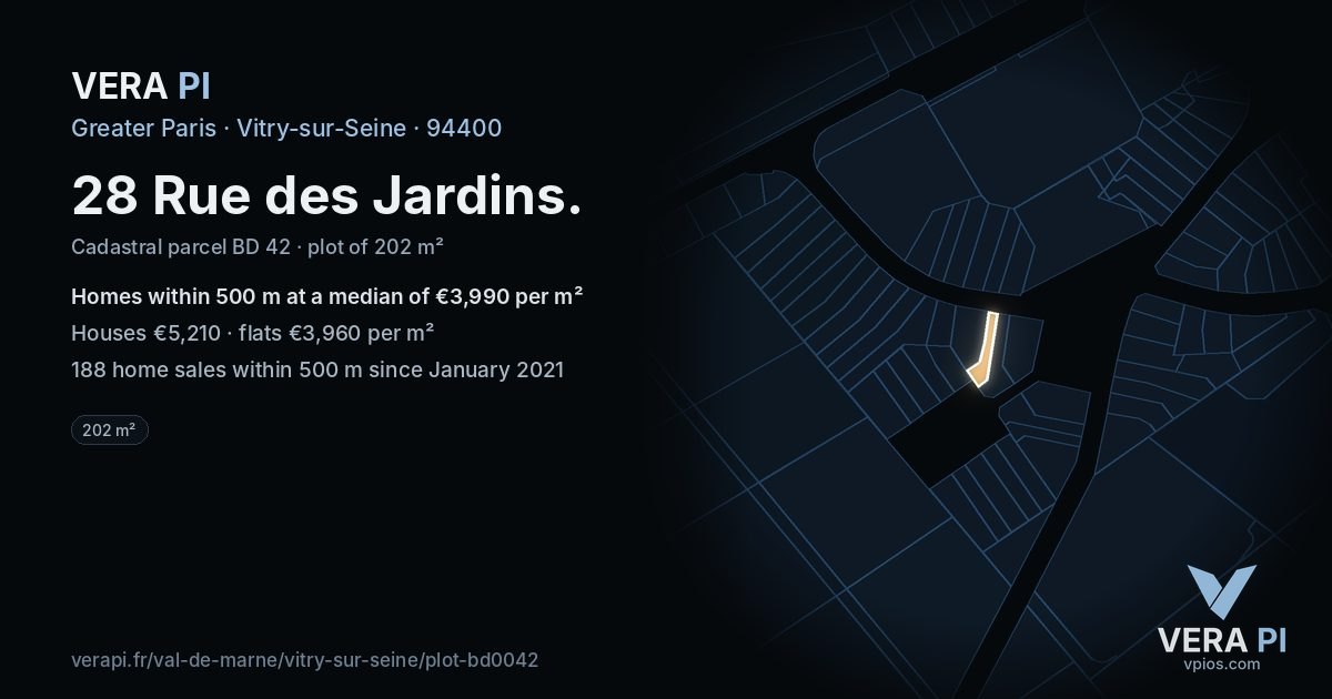 28 Rue des Jardins, Vitry-sur-Seine at night – the plot lit, the parcels around coloured by the prices near them