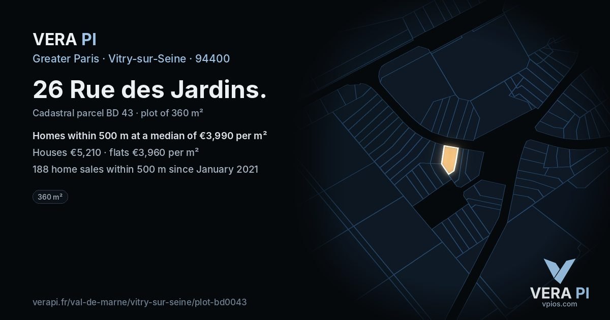 26 Rue des Jardins, Vitry-sur-Seine at night – the plot lit, the parcels around coloured by the prices near them