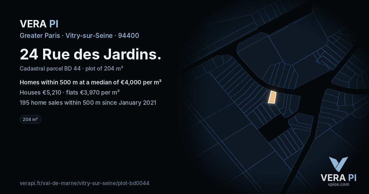 24 Rue des Jardins, Vitry-sur-Seine at night – the plot lit, the parcels around coloured by the prices near them