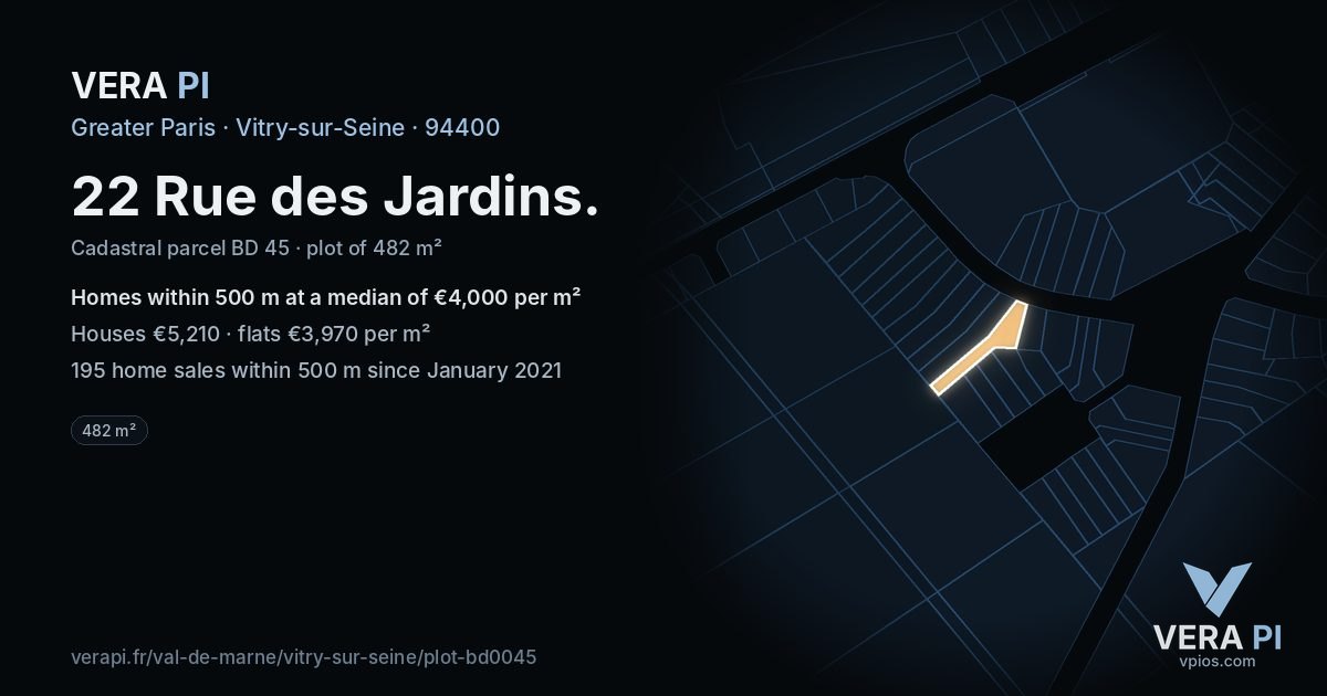 22 Rue des Jardins, Vitry-sur-Seine at night – the plot lit, the parcels around coloured by the prices near them
