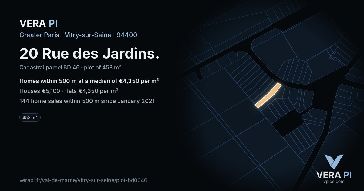20 Rue des Jardins, Vitry-sur-Seine at night – the plot lit, the parcels around coloured by the prices near them
