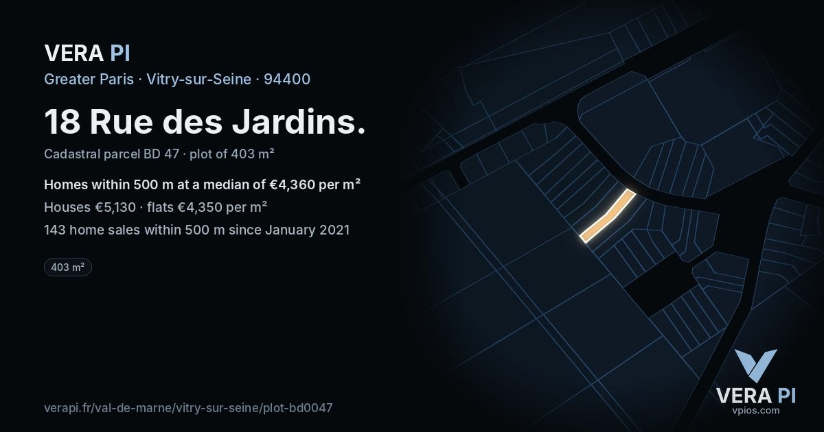 18 Rue des Jardins, Vitry-sur-Seine at night – the plot lit, the parcels around coloured by the prices near them