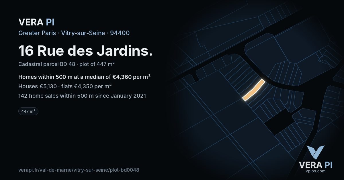 16 Rue des Jardins, Vitry-sur-Seine at night – the plot lit, the parcels around coloured by the prices near them