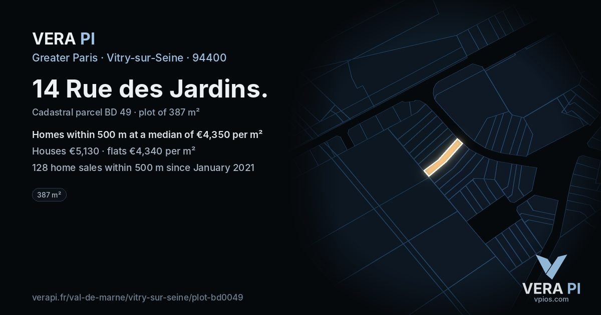 14 Rue des Jardins, Vitry-sur-Seine at night – the plot lit, the parcels around coloured by the prices near them