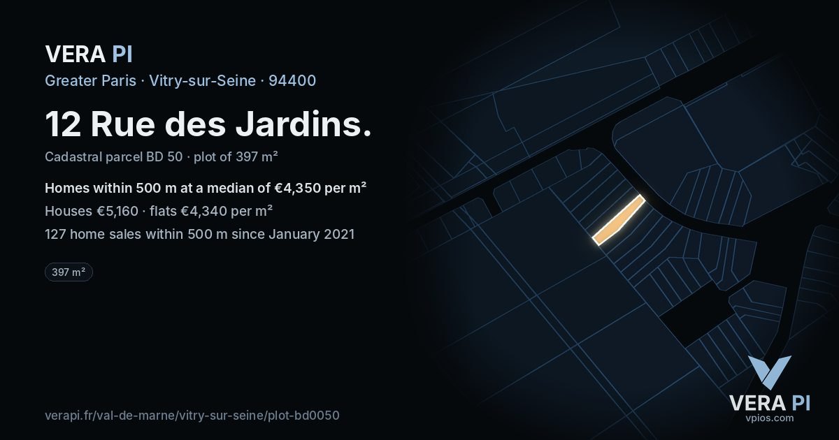 12 Rue des Jardins, Vitry-sur-Seine at night – the plot lit, the parcels around coloured by the prices near them