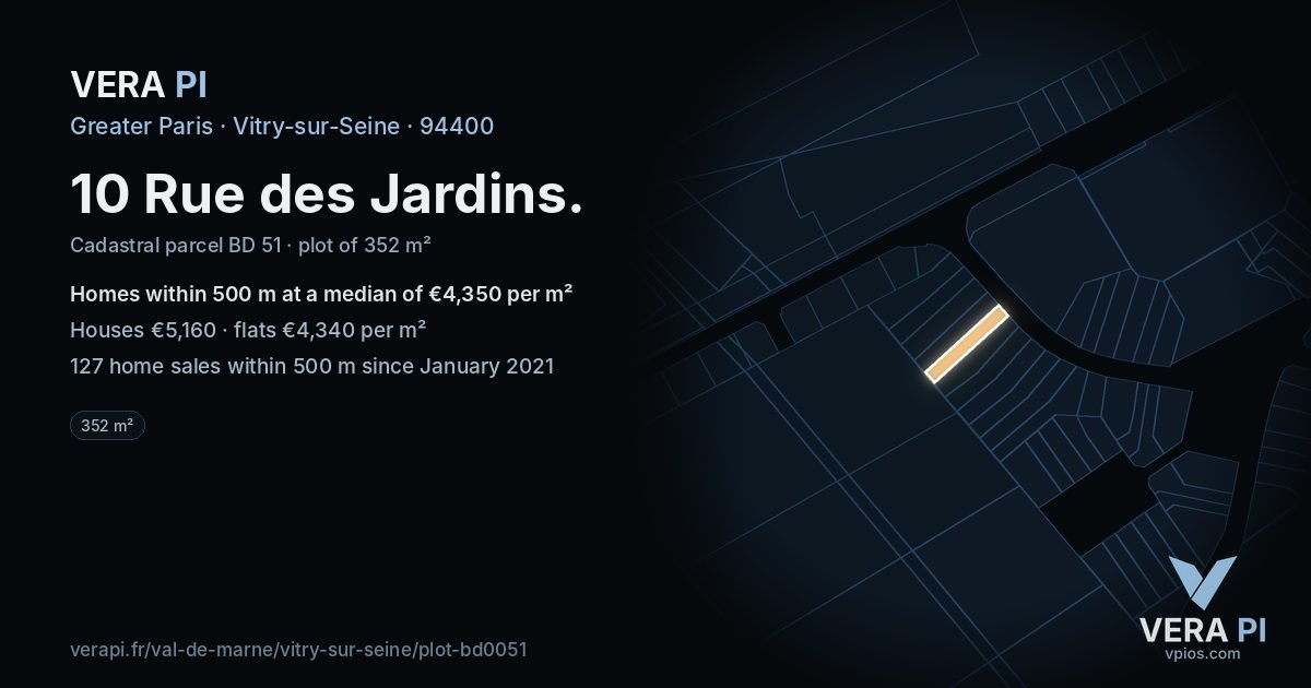 10 Rue des Jardins, Vitry-sur-Seine at night – the plot lit, the parcels around coloured by the prices near them