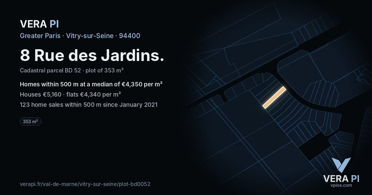 8 Rue des Jardins, Vitry-sur-Seine at night – the plot lit, the parcels around coloured by the prices near them