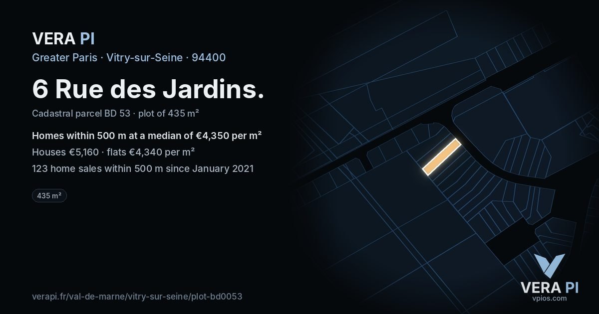 6 Rue des Jardins, Vitry-sur-Seine at night – the plot lit, the parcels around coloured by the prices near them