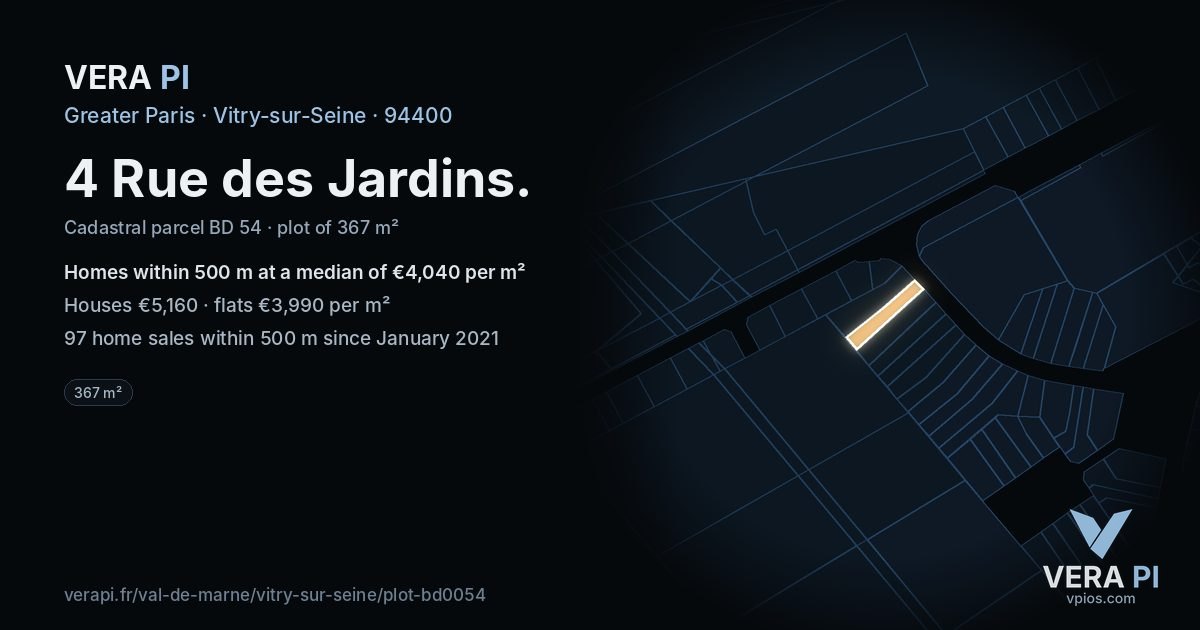 4 Rue des Jardins, Vitry-sur-Seine at night – the plot lit, the parcels around coloured by the prices near them