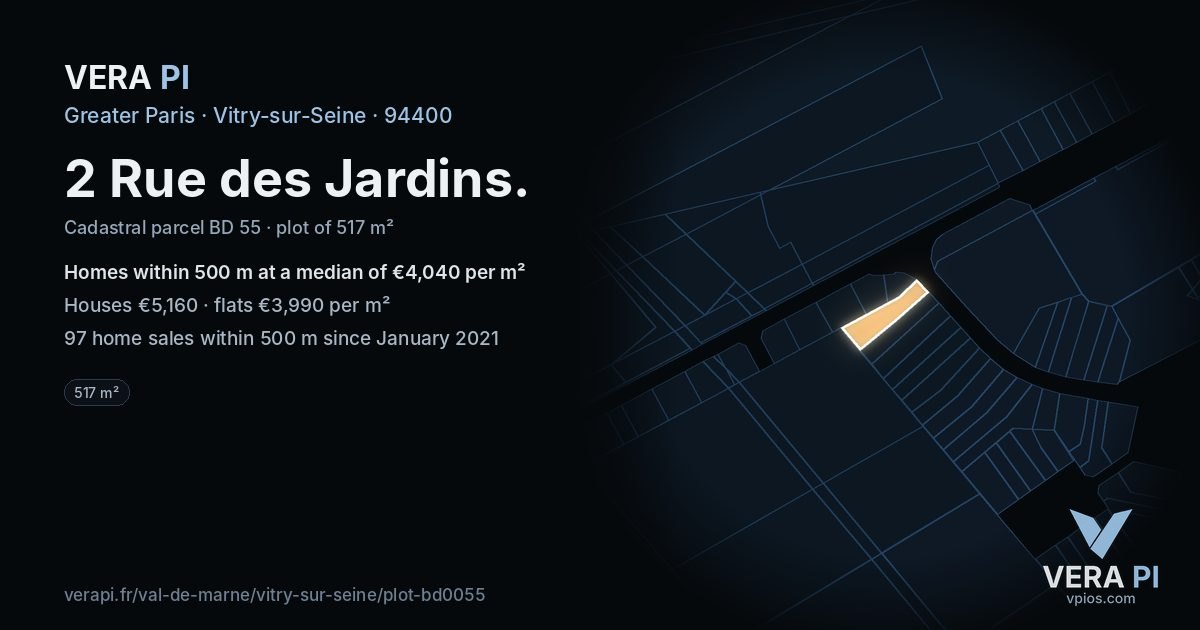 2 Rue des Jardins, Vitry-sur-Seine at night – the plot lit, the parcels around coloured by the prices near them