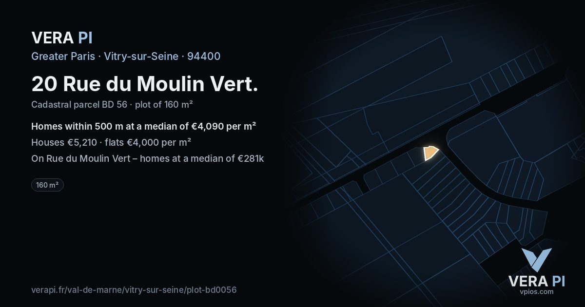 20 Rue du Moulin Vert, Vitry-sur-Seine at night – the plot lit, the parcels around coloured by the prices near them