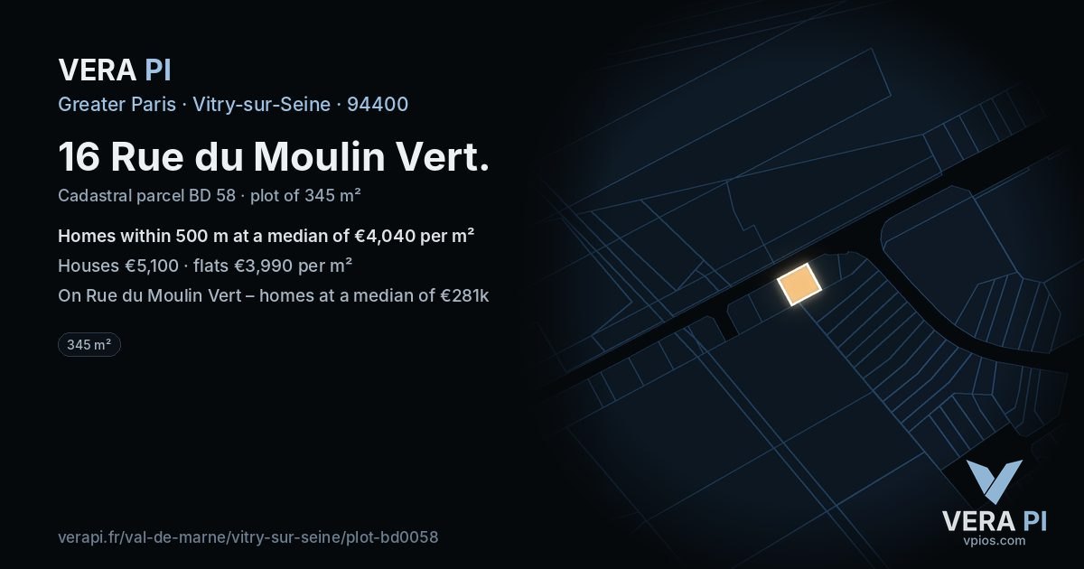 16 Rue du Moulin Vert, Vitry-sur-Seine at night – the plot lit, the parcels around coloured by the prices near them