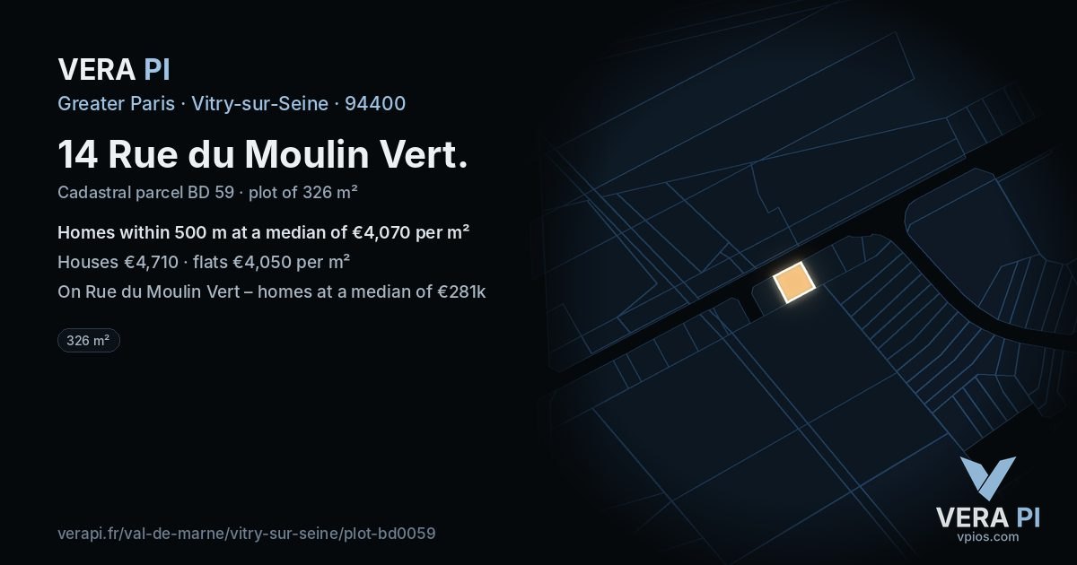 14 Rue du Moulin Vert, Vitry-sur-Seine at night – the plot lit, the parcels around coloured by the prices near them