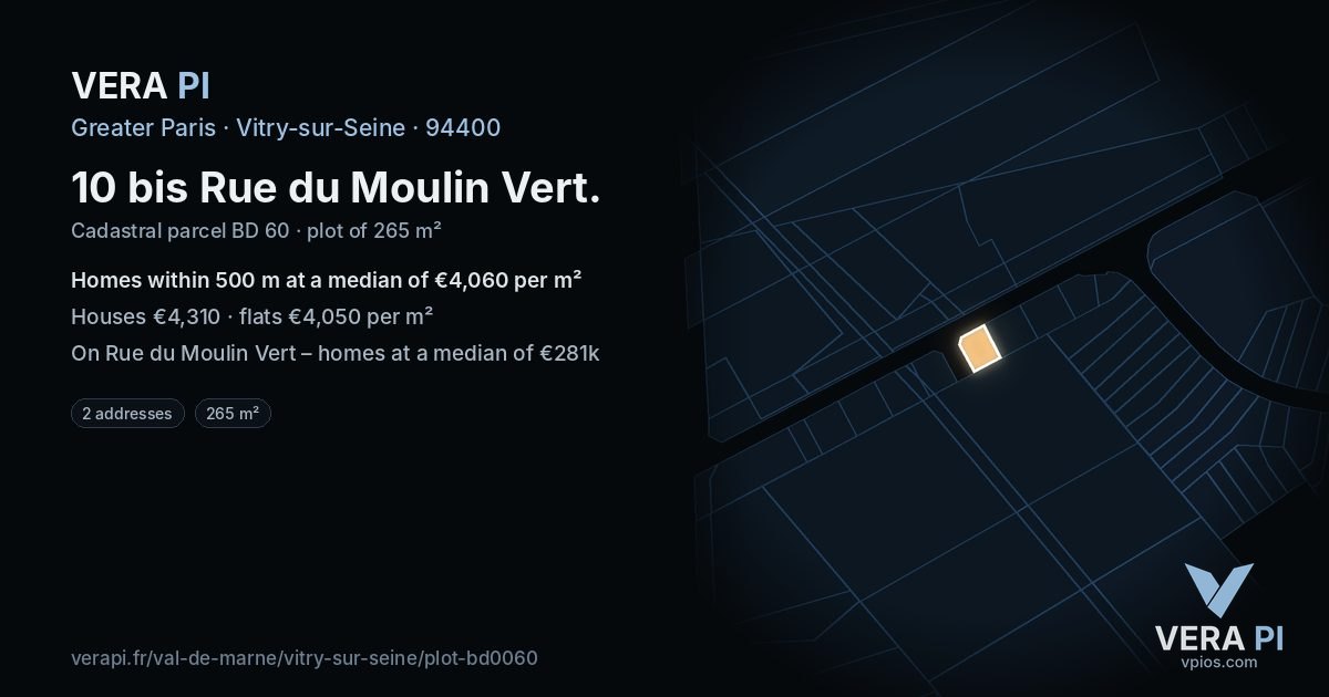 10 bis Rue du Moulin Vert, Vitry-sur-Seine at night – the plot lit, the parcels around coloured by the prices near them