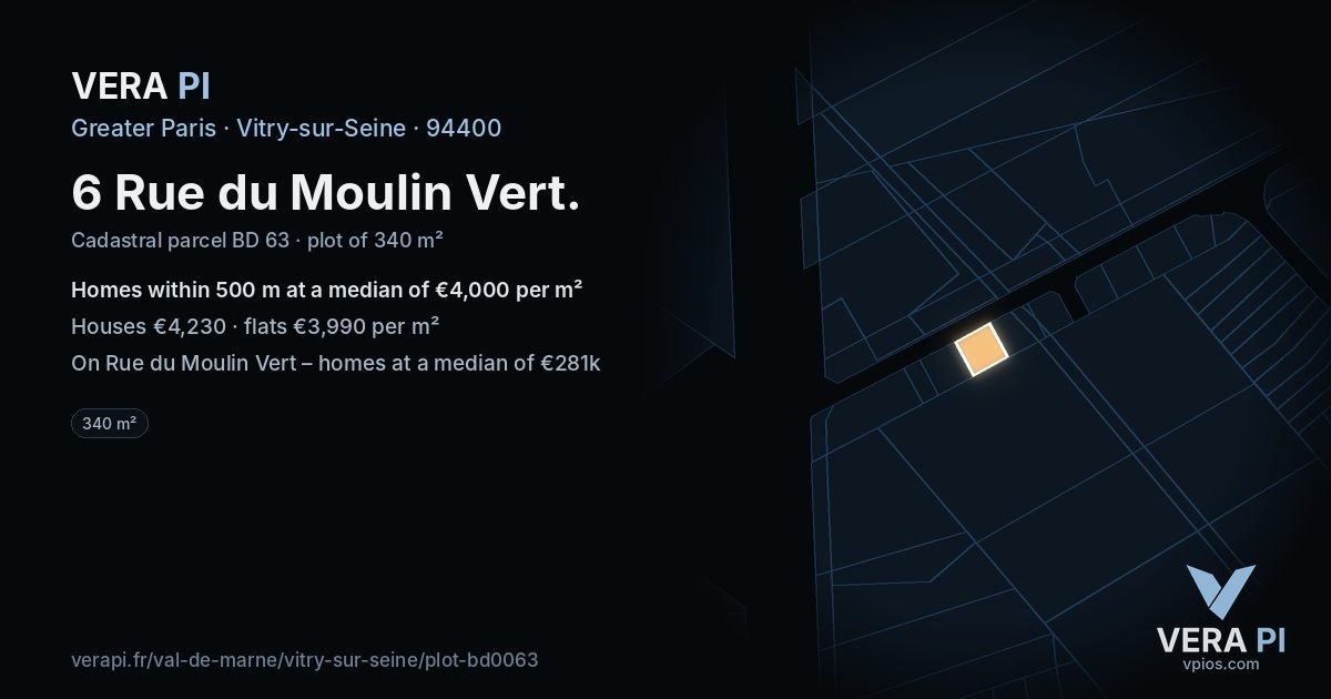 6 Rue du Moulin Vert, Vitry-sur-Seine at night – the plot lit, the parcels around coloured by the prices near them