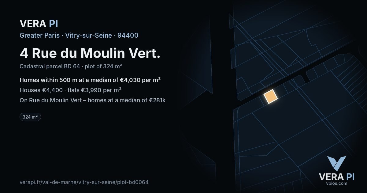 4 Rue du Moulin Vert, Vitry-sur-Seine at night – the plot lit, the parcels around coloured by the prices near them
