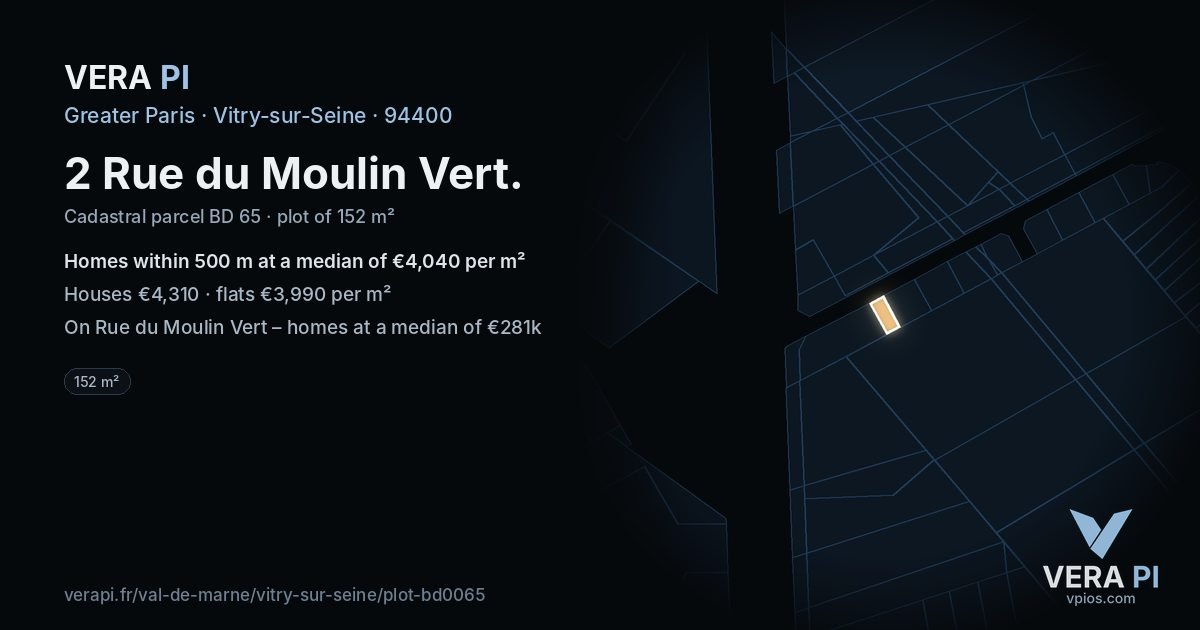 2 Rue du Moulin Vert, Vitry-sur-Seine at night – the plot lit, the parcels around coloured by the prices near them