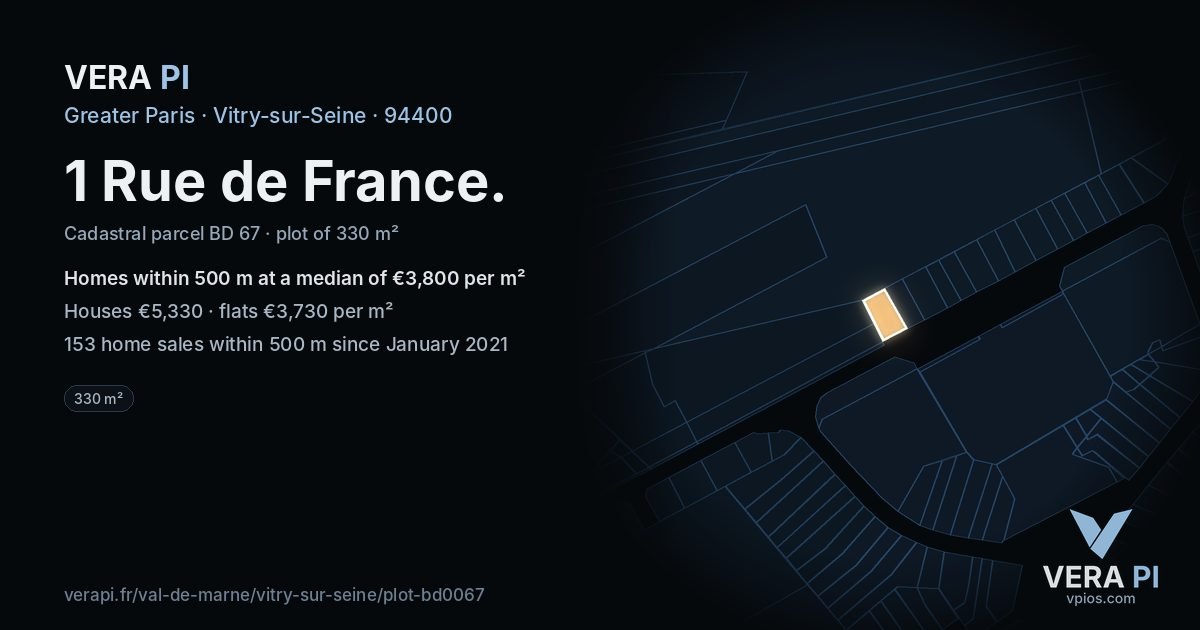 1 Rue de France, Vitry-sur-Seine at night – the plot lit, the parcels around coloured by the prices near them