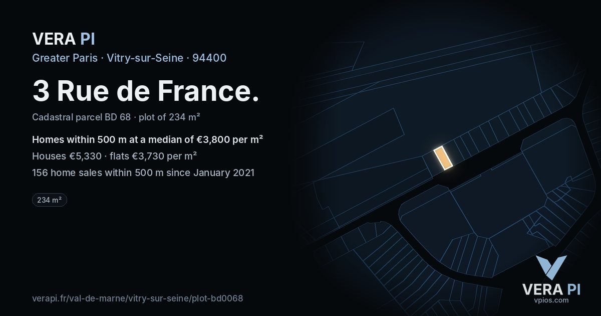 3 Rue de France, Vitry-sur-Seine at night – the plot lit, the parcels around coloured by the prices near them