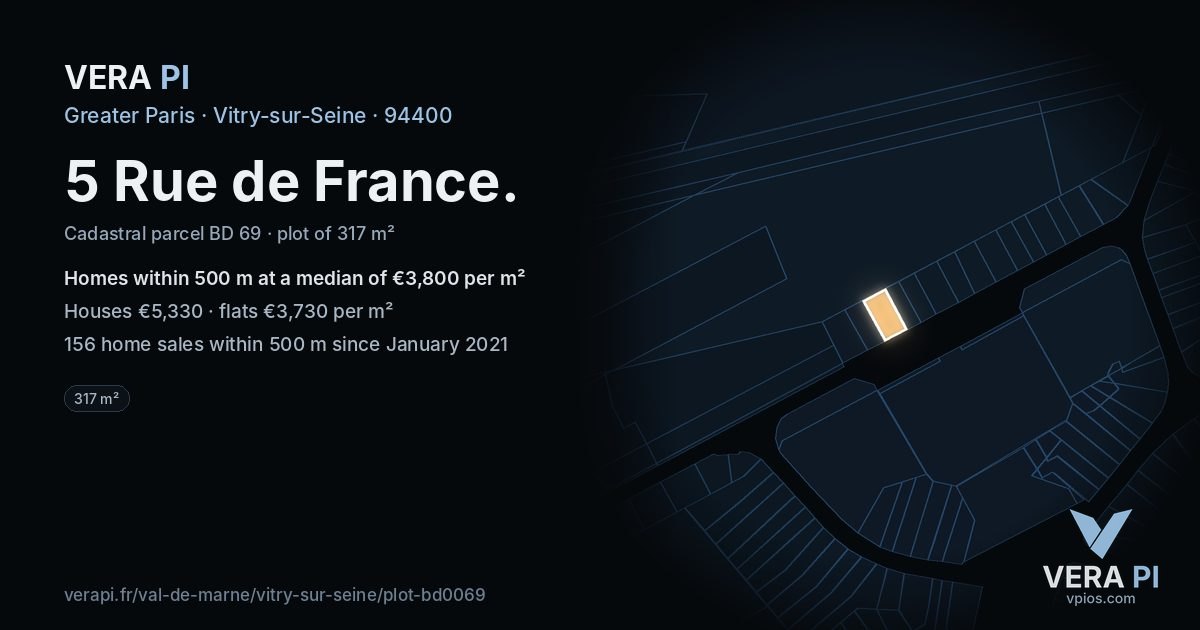 5 Rue de France, Vitry-sur-Seine at night – the plot lit, the parcels around coloured by the prices near them