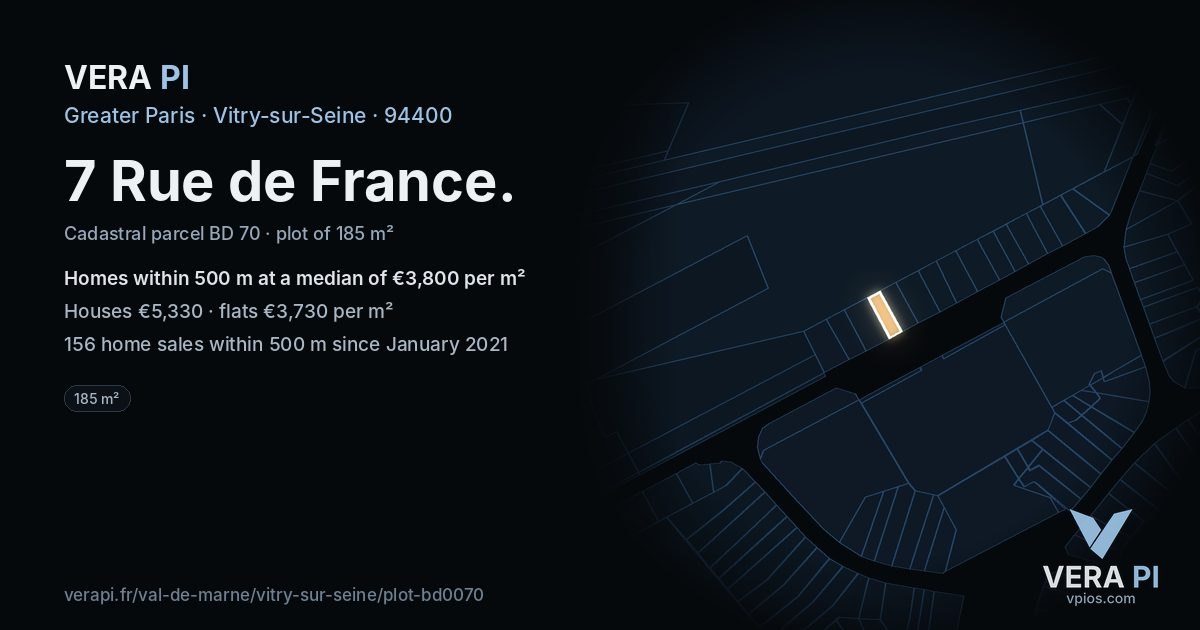 7 Rue de France, Vitry-sur-Seine at night – the plot lit, the parcels around coloured by the prices near them