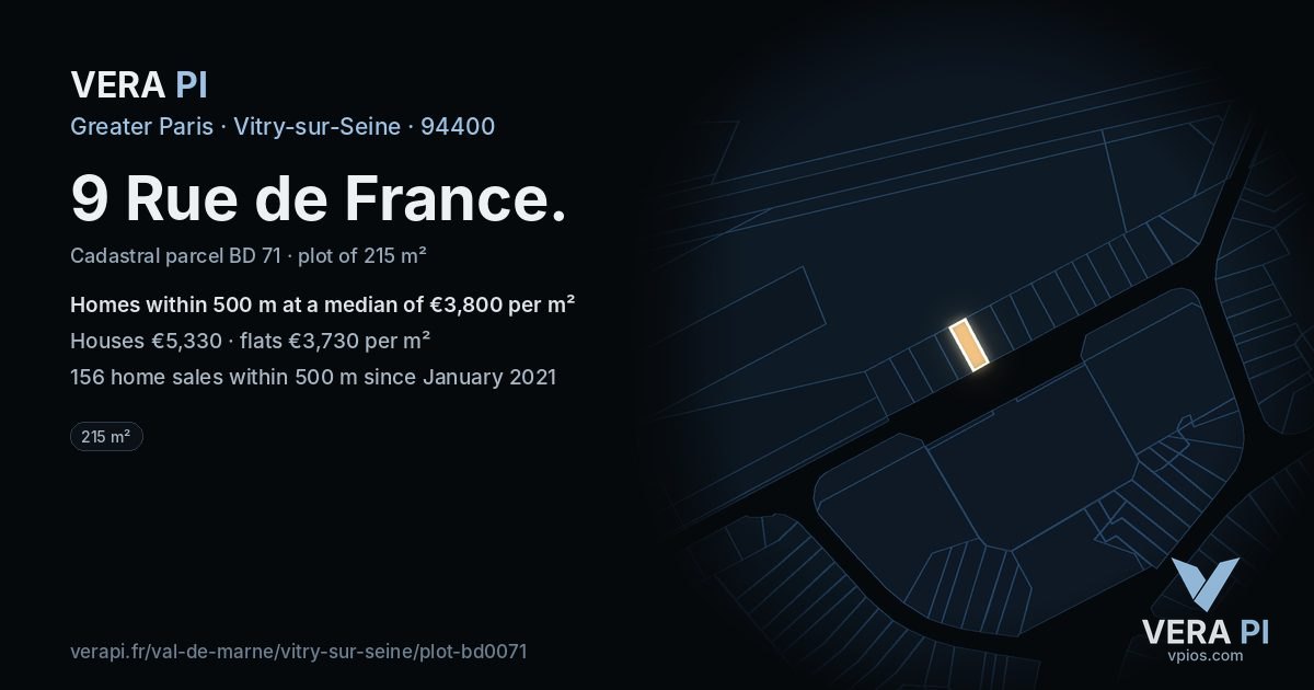 9 Rue de France, Vitry-sur-Seine at night – the plot lit, the parcels around coloured by the prices near them