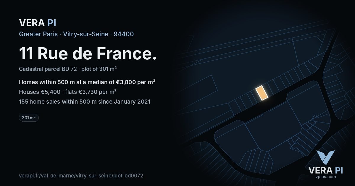 11 Rue de France, Vitry-sur-Seine at night – the plot lit, the parcels around coloured by the prices near them