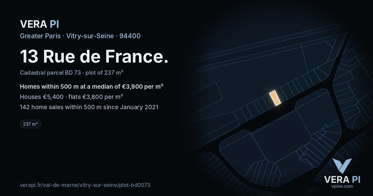13 Rue de France, Vitry-sur-Seine at night – the plot lit, the parcels around coloured by the prices near them