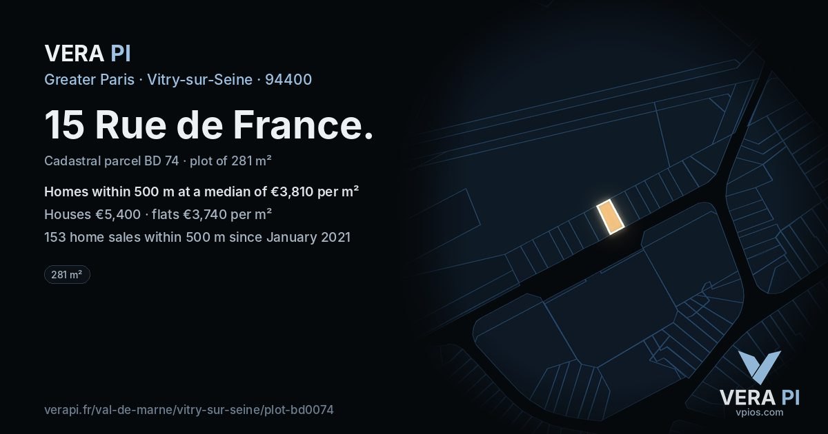 15 Rue de France, Vitry-sur-Seine at night – the plot lit, the parcels around coloured by the prices near them