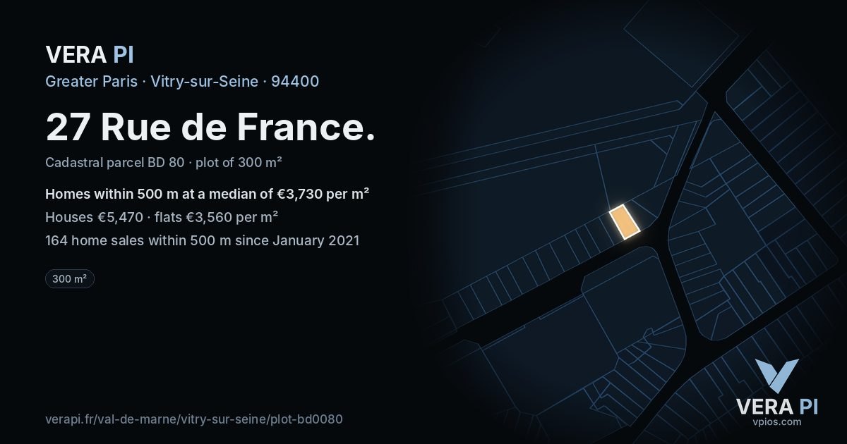 27 Rue de France, Vitry-sur-Seine at night – the plot lit, the parcels around coloured by the prices near them