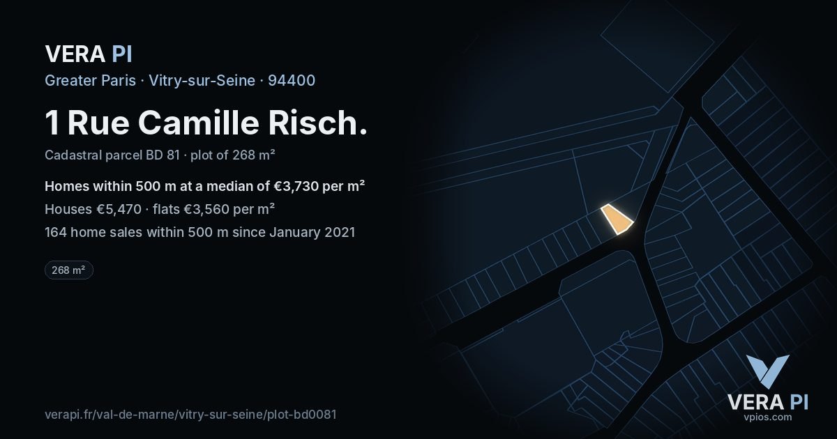 1 Rue Camille Risch, Vitry-sur-Seine at night – the plot lit, the parcels around coloured by the prices near them