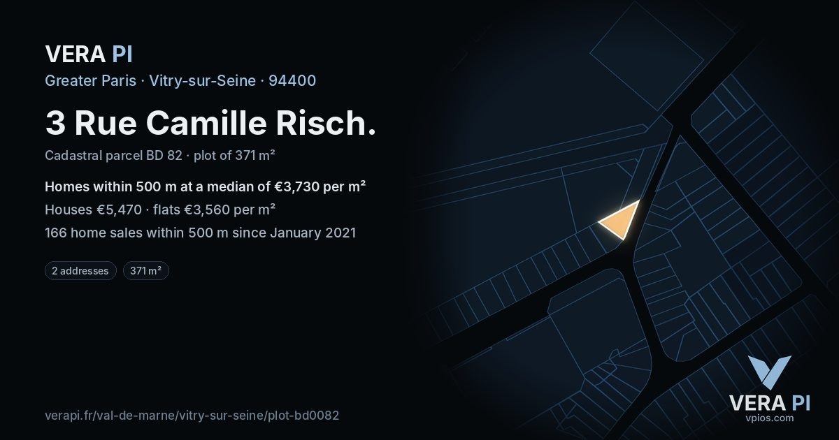 3 Rue Camille Risch, Vitry-sur-Seine at night – the plot lit, the parcels around coloured by the prices near them