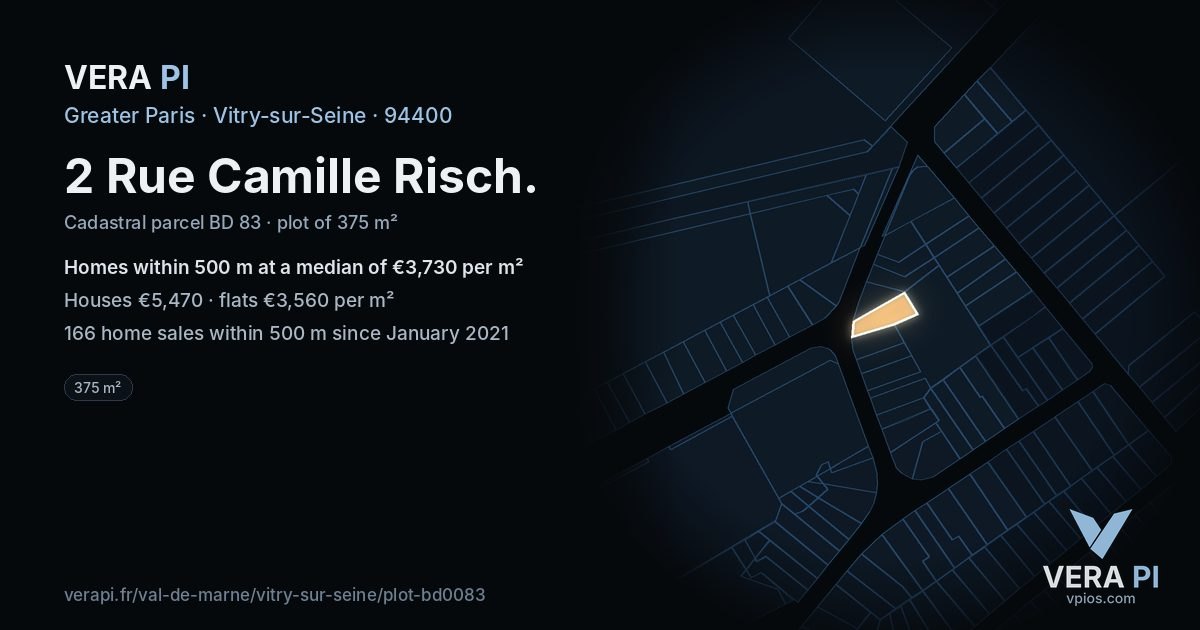 2 Rue Camille Risch, Vitry-sur-Seine at night – the plot lit, the parcels around coloured by the prices near them