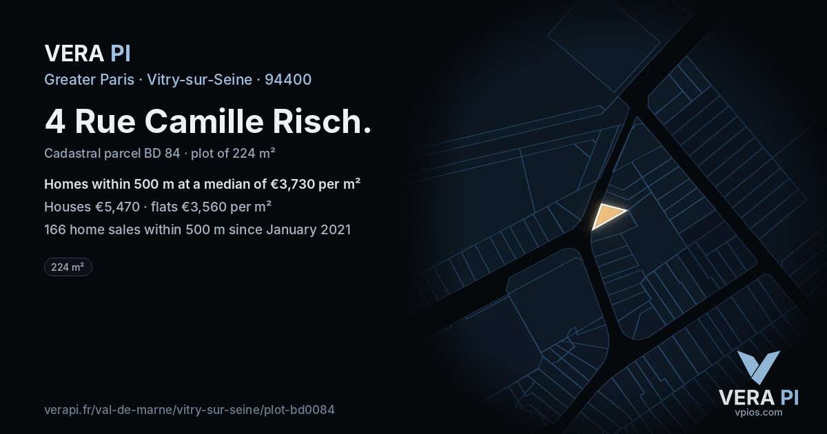 4 Rue Camille Risch, Vitry-sur-Seine at night – the plot lit, the parcels around coloured by the prices near them