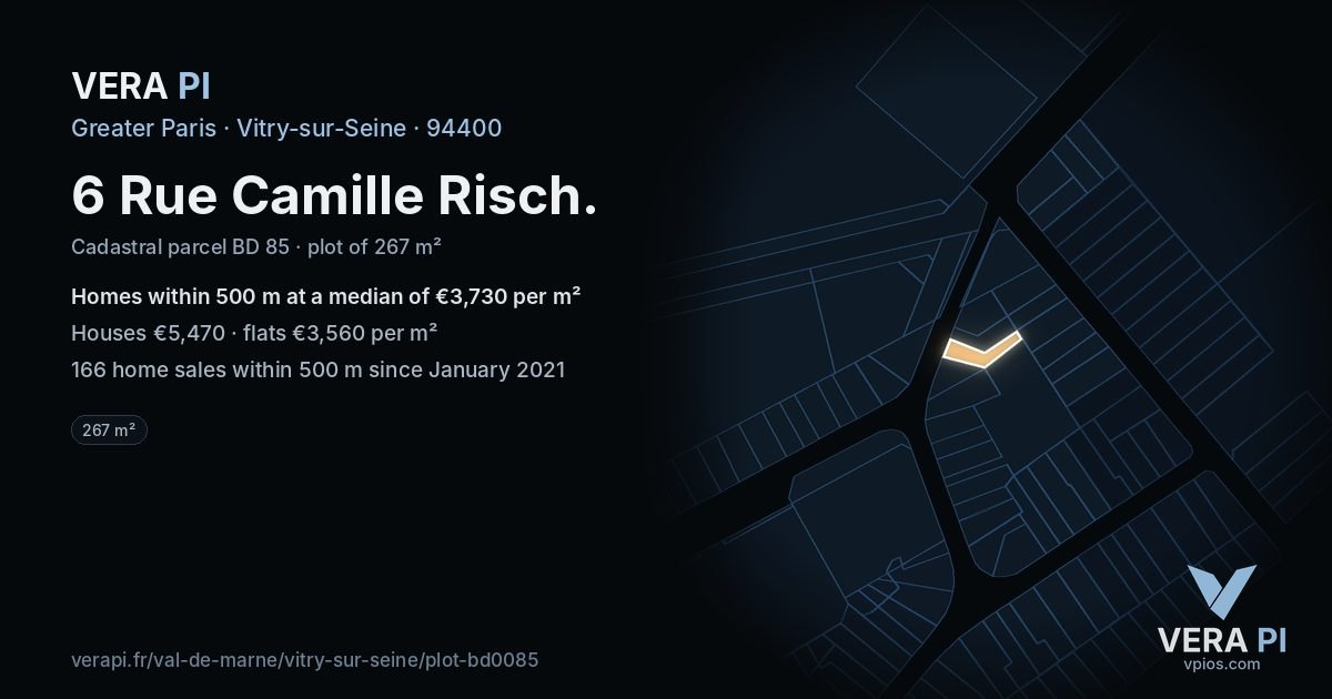 6 Rue Camille Risch, Vitry-sur-Seine at night – the plot lit, the parcels around coloured by the prices near them