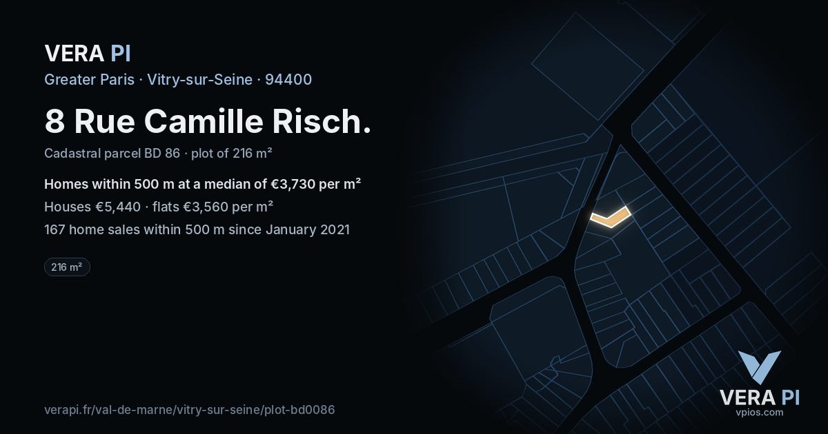 8 Rue Camille Risch, Vitry-sur-Seine at night – the plot lit, the parcels around coloured by the prices near them