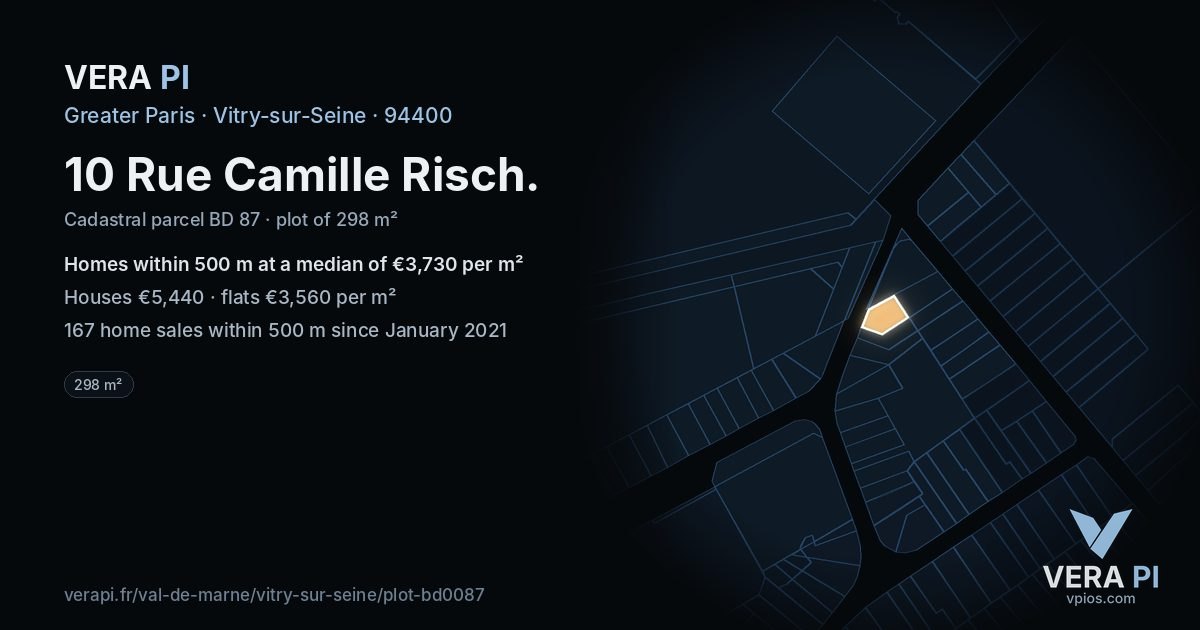 10 Rue Camille Risch, Vitry-sur-Seine at night – the plot lit, the parcels around coloured by the prices near them