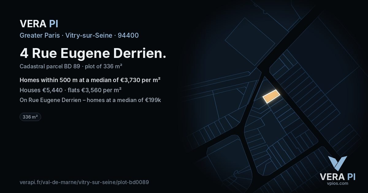4 Rue Eugene Derrien, Vitry-sur-Seine at night – the plot lit, the parcels around coloured by the prices near them