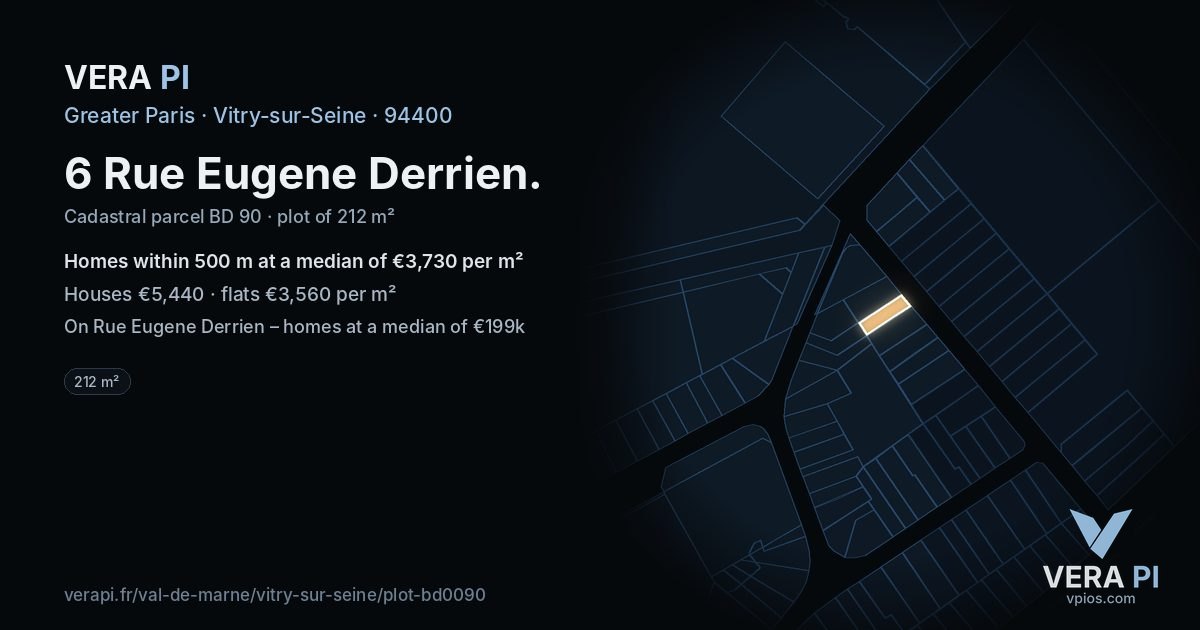 6 Rue Eugene Derrien, Vitry-sur-Seine at night – the plot lit, the parcels around coloured by the prices near them