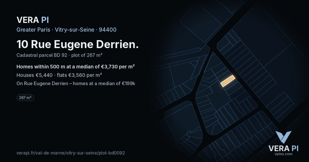 10 Rue Eugene Derrien, Vitry-sur-Seine at night – the plot lit, the parcels around coloured by the prices near them