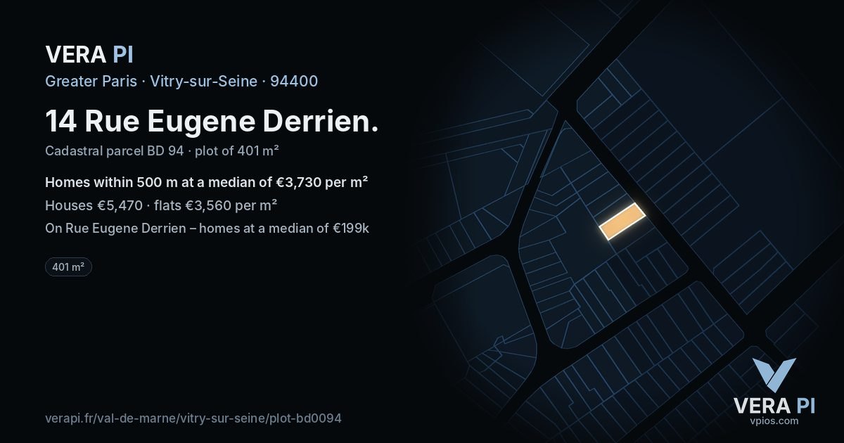 14 Rue Eugene Derrien, Vitry-sur-Seine at night – the plot lit, the parcels around coloured by the prices near them