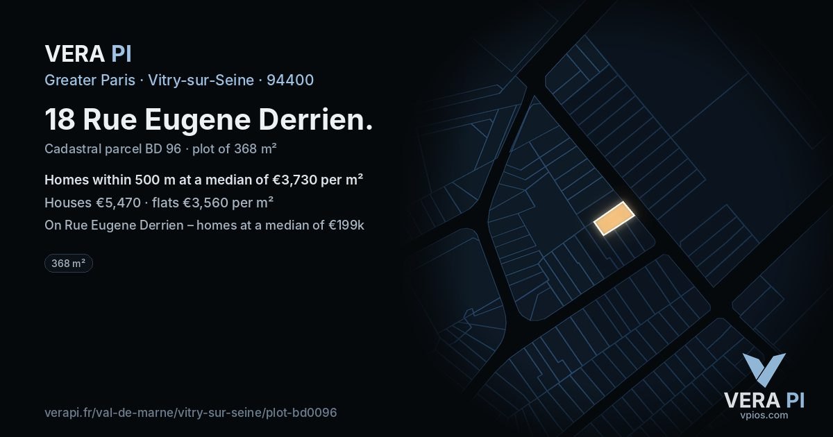 18 Rue Eugene Derrien, Vitry-sur-Seine at night – the plot lit, the parcels around coloured by the prices near them